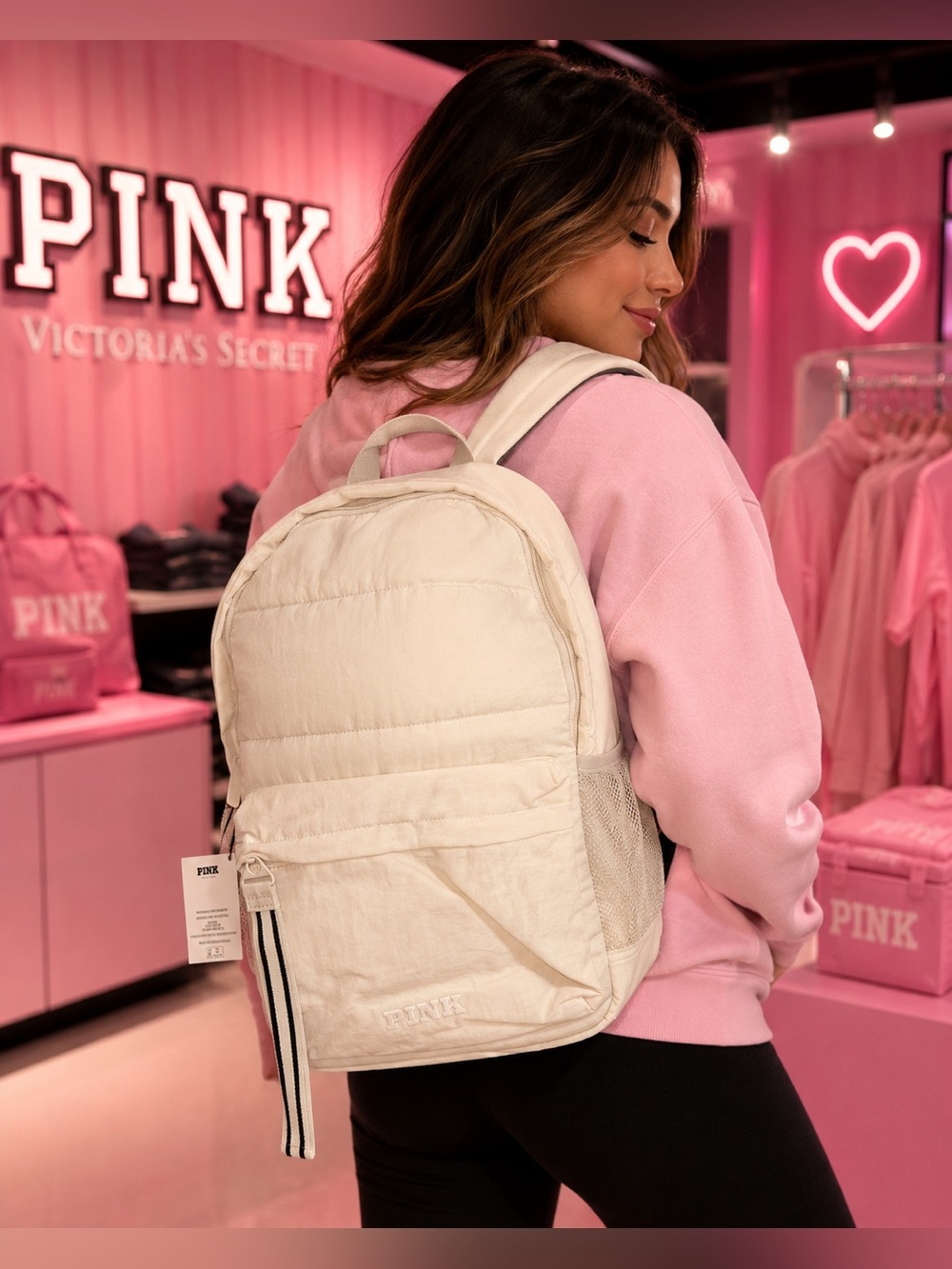 NWT Victoria’s Secret pink quilted puffer backpack in ivory